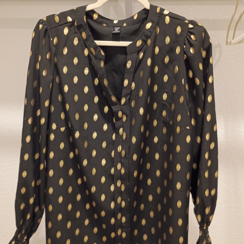 NWT SHEIN Curve Black Ladies Blouse with Gold Oval Shape Dots Size 1XL
